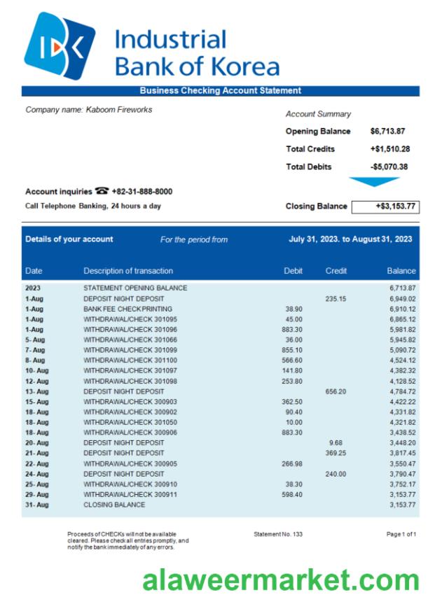 Industrial Bank of Korea business statement Word and PDF template